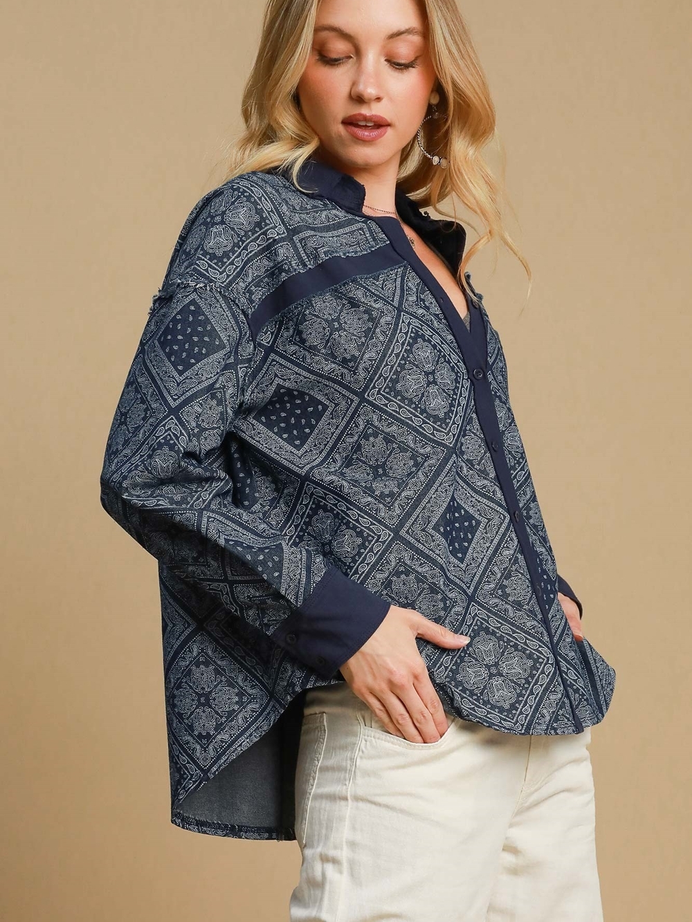 UMGEE Women's Navy Blue Patterned Button-Up Shirt Jacket
